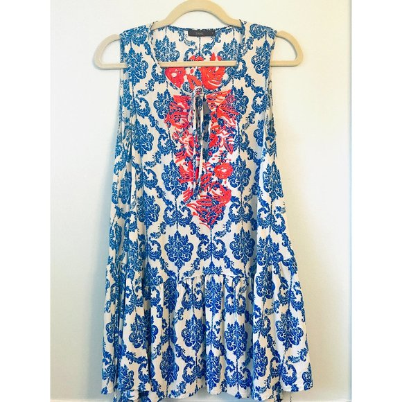 THML Tops - THML Sleeveless Orange and Blue Embroidered Tunic Tank Top S
